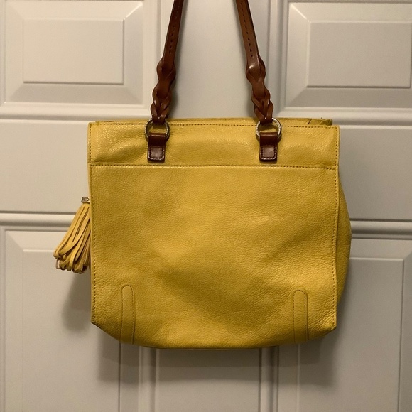 Brighton| Yellow Leather Handbag Embossed Flowers Tassels Casual Office Resort - Picture 15 of 15